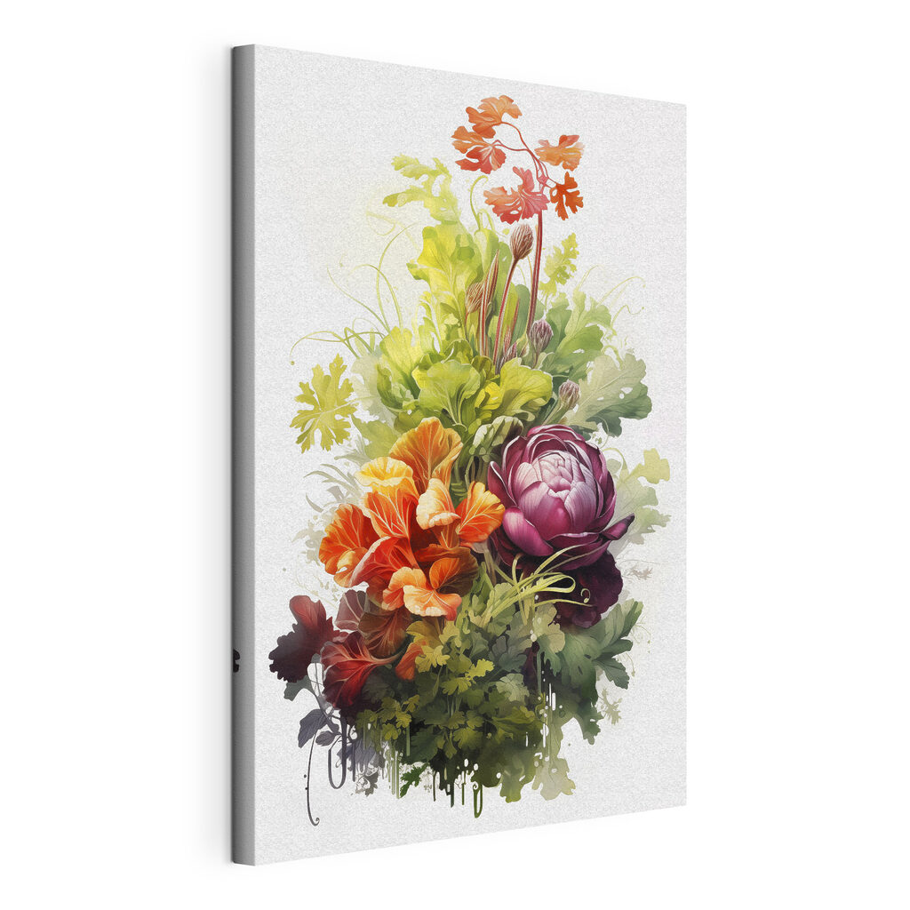 Chou rouge et fleurs, toile tendue et bord enveloppé