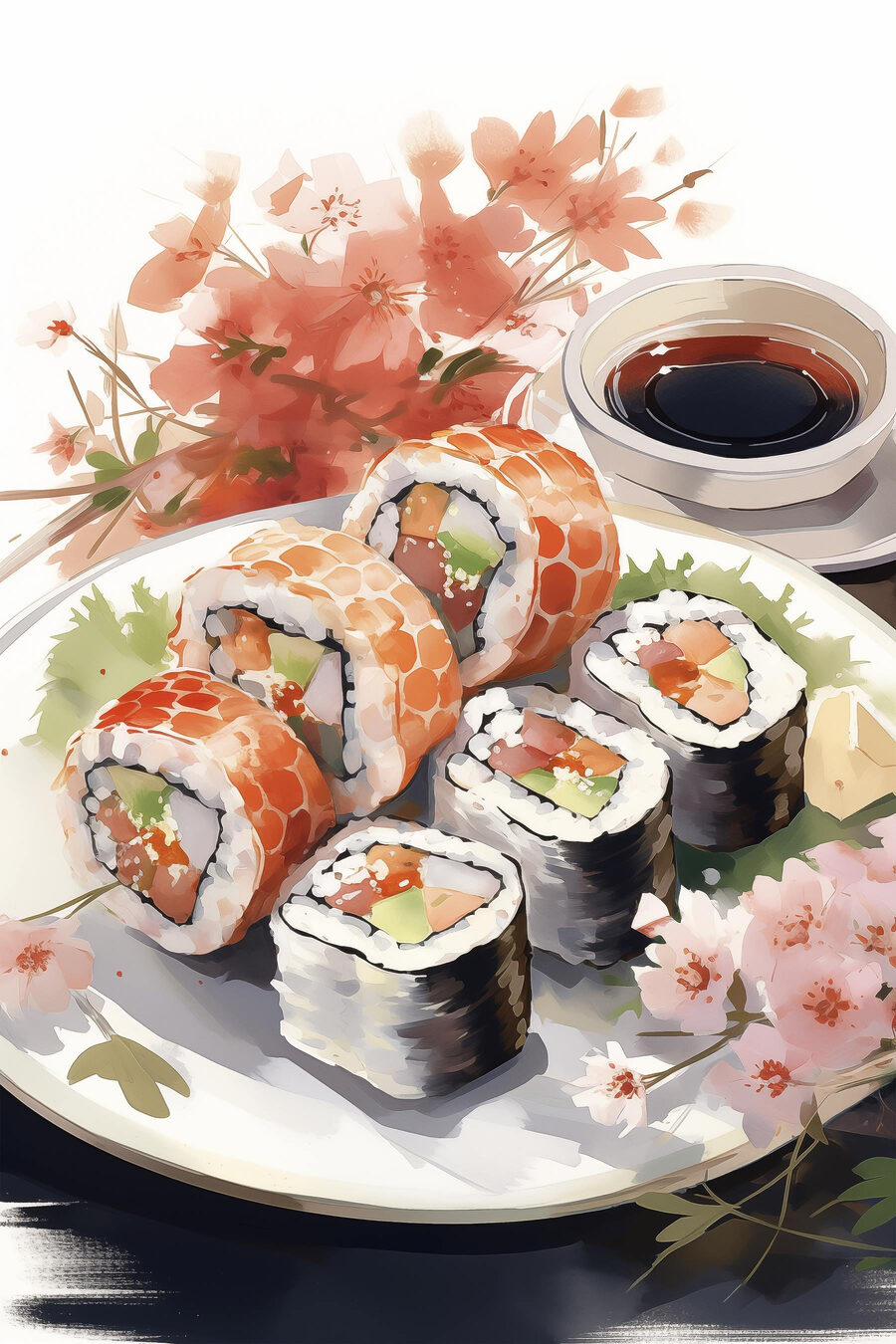 Sushis sur assiette sombre — motif complet