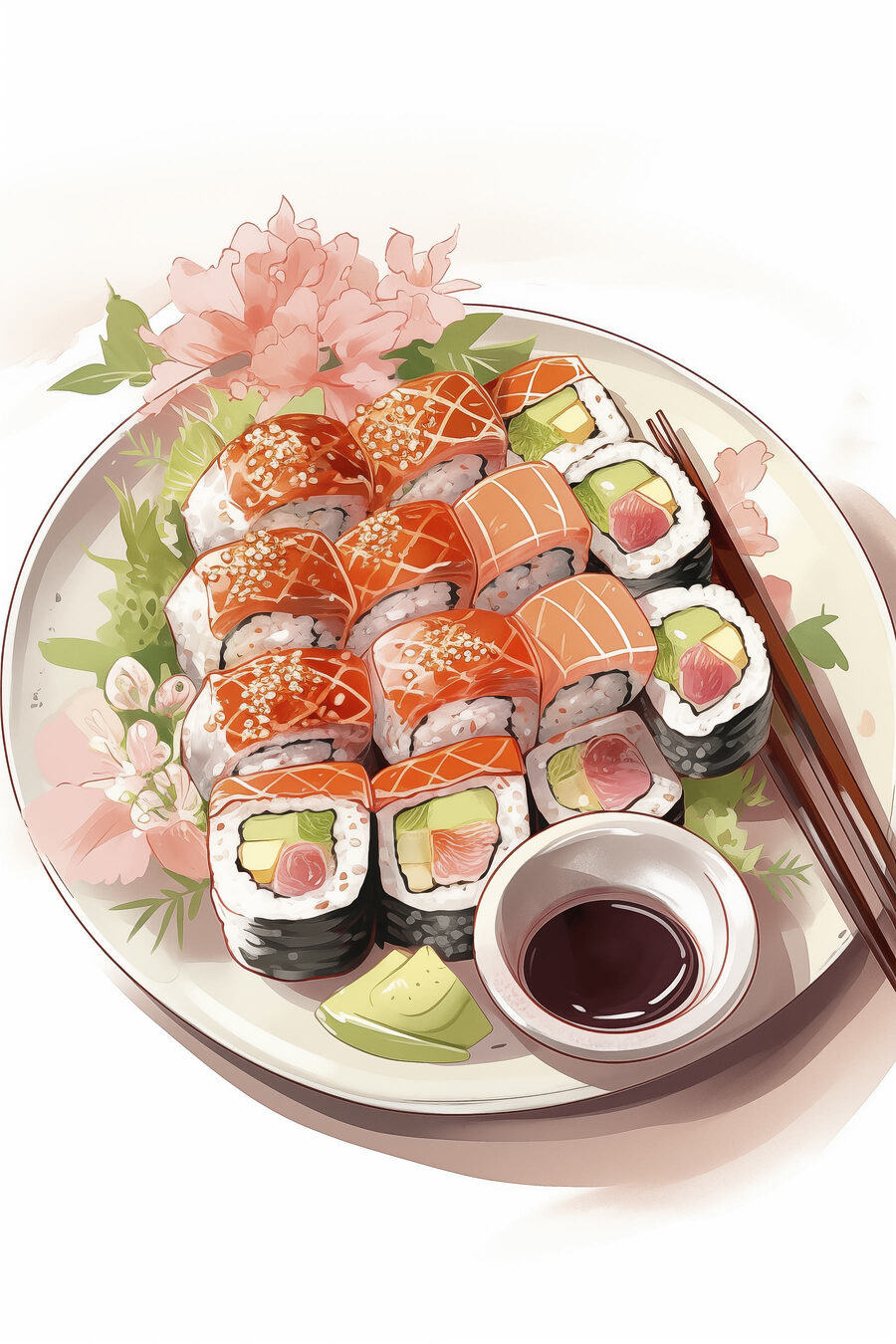 Plateau de sushis fleuri — motif complet