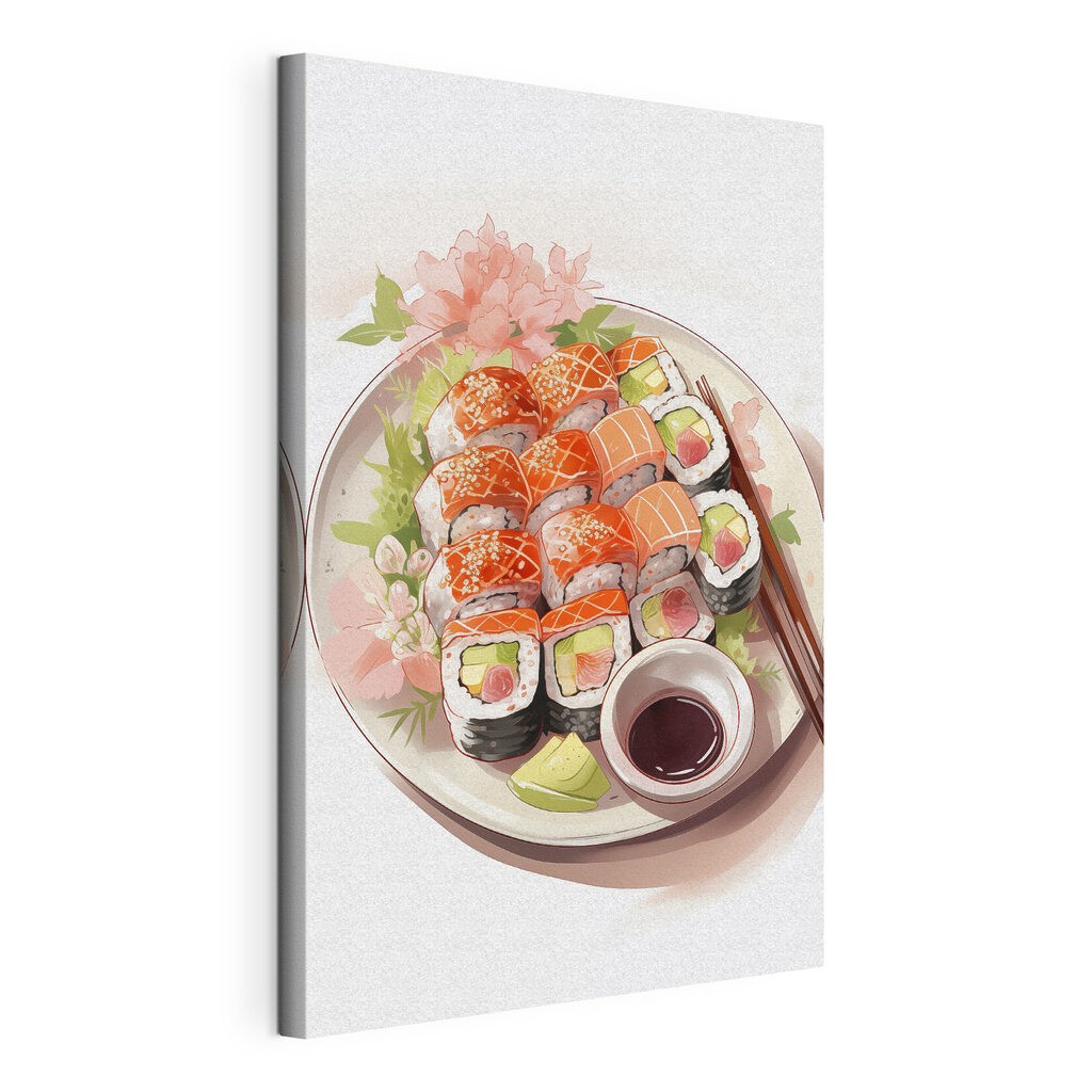 Plateau de sushis fleuri, toile tendue et bord enveloppé
