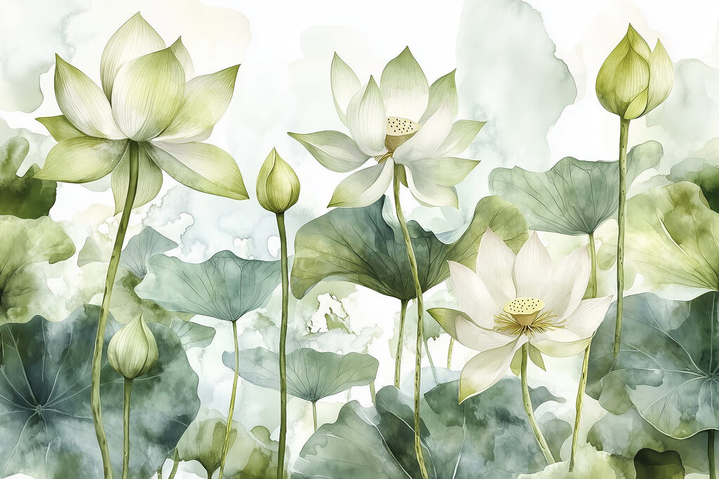 Lotus blancs et feuillage — motif complet