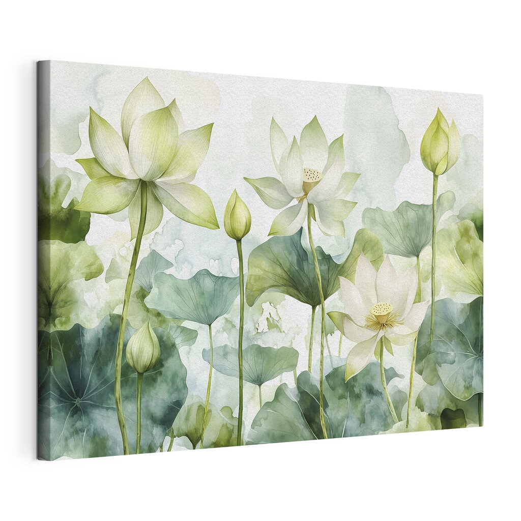 Lotus blancs et feuillage, toile tendue et bord enveloppé