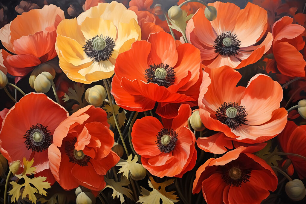 Coquelicots aux tons chauds — motif complet