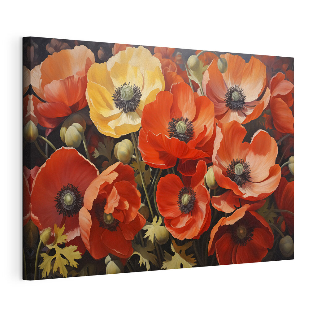 Coquelicots aux tons chauds, toile tendue et bord enveloppé