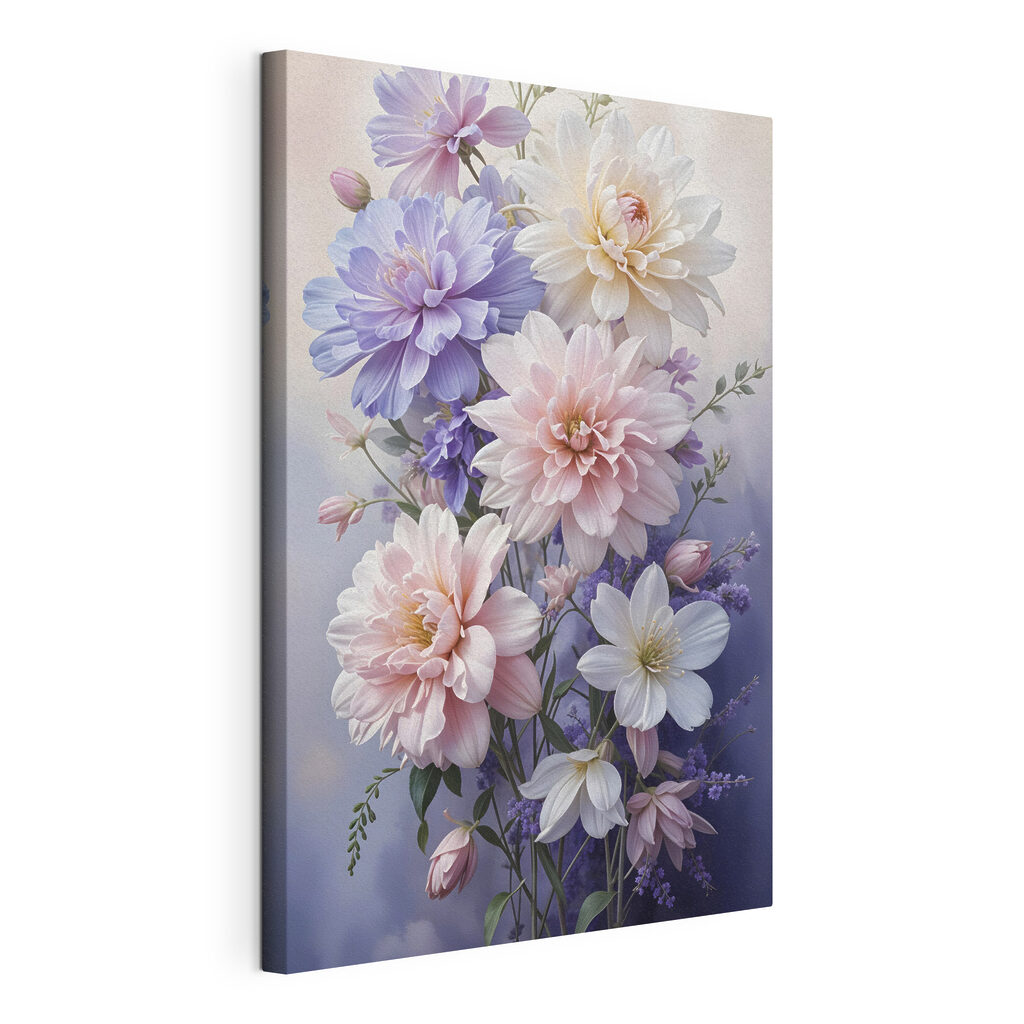 Dahlias en tons pastel, toile tendue et bord enveloppé