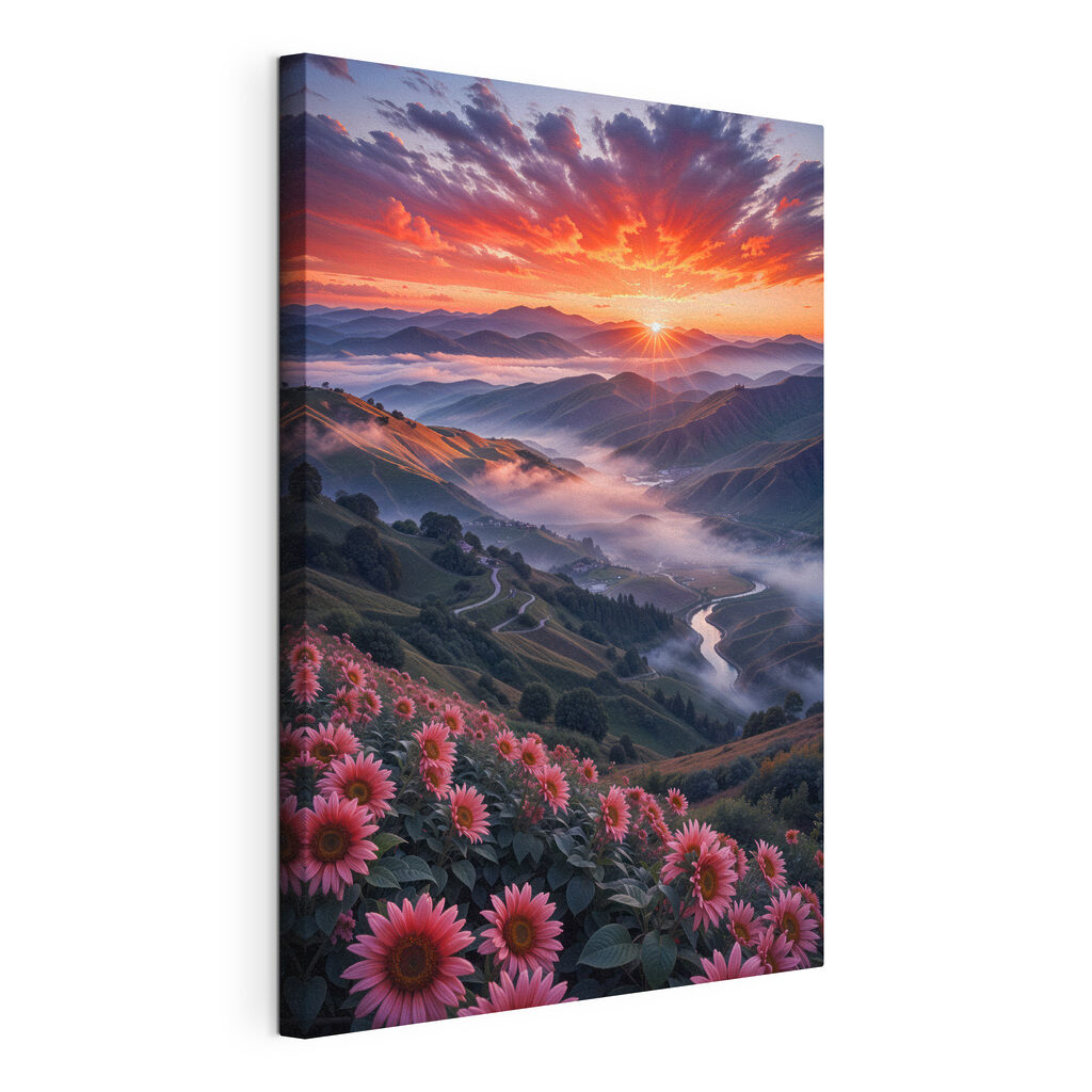 Fleurs sur la vallée, toile tendue et bord enveloppé