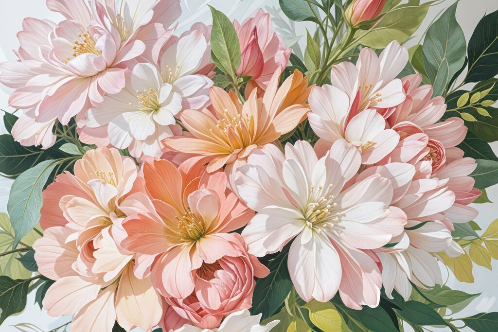 Fleurs pastel et feuillage — motif complet