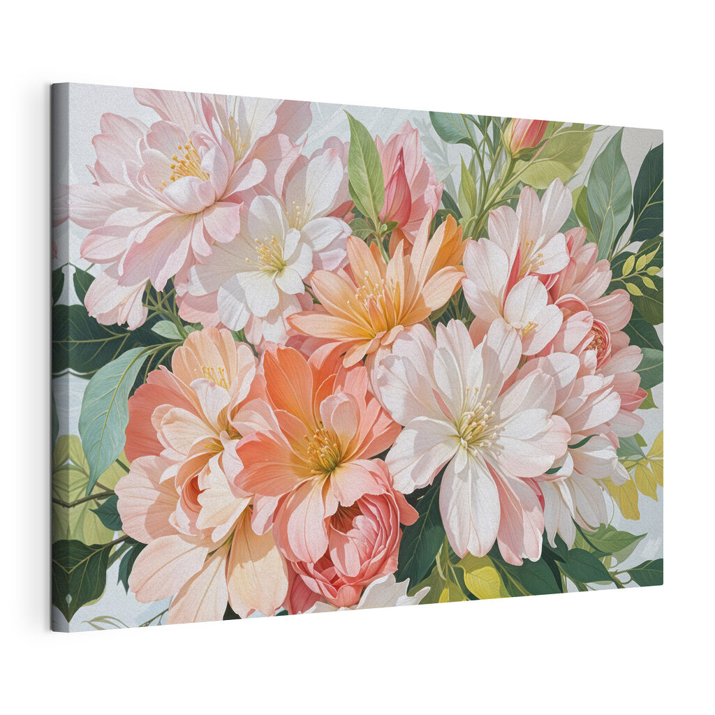 Fleurs pastel et feuillage, toile tendue et bord enveloppé