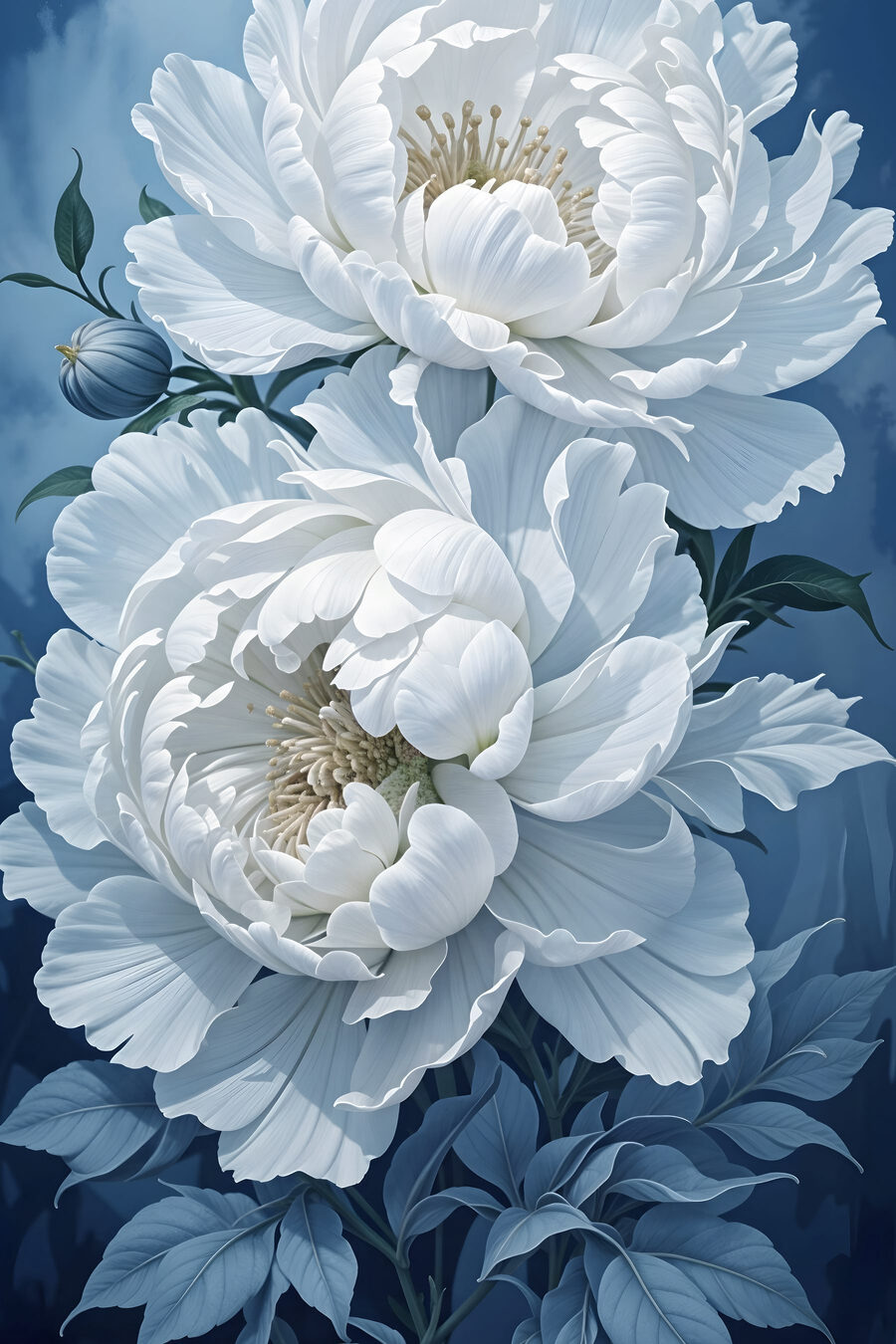 Pivoines blanches sur bleu — motif complet