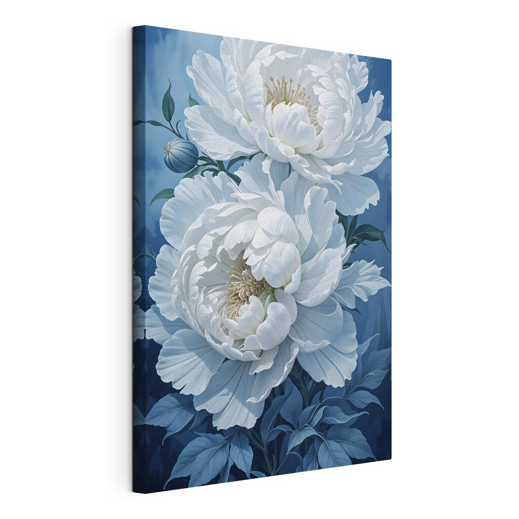 Pivoines blanches sur bleu, toile tendue et bord enveloppé