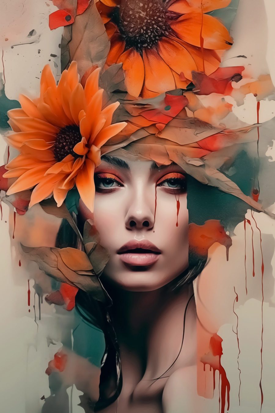 Fleurs d’automne et regard — motif complet