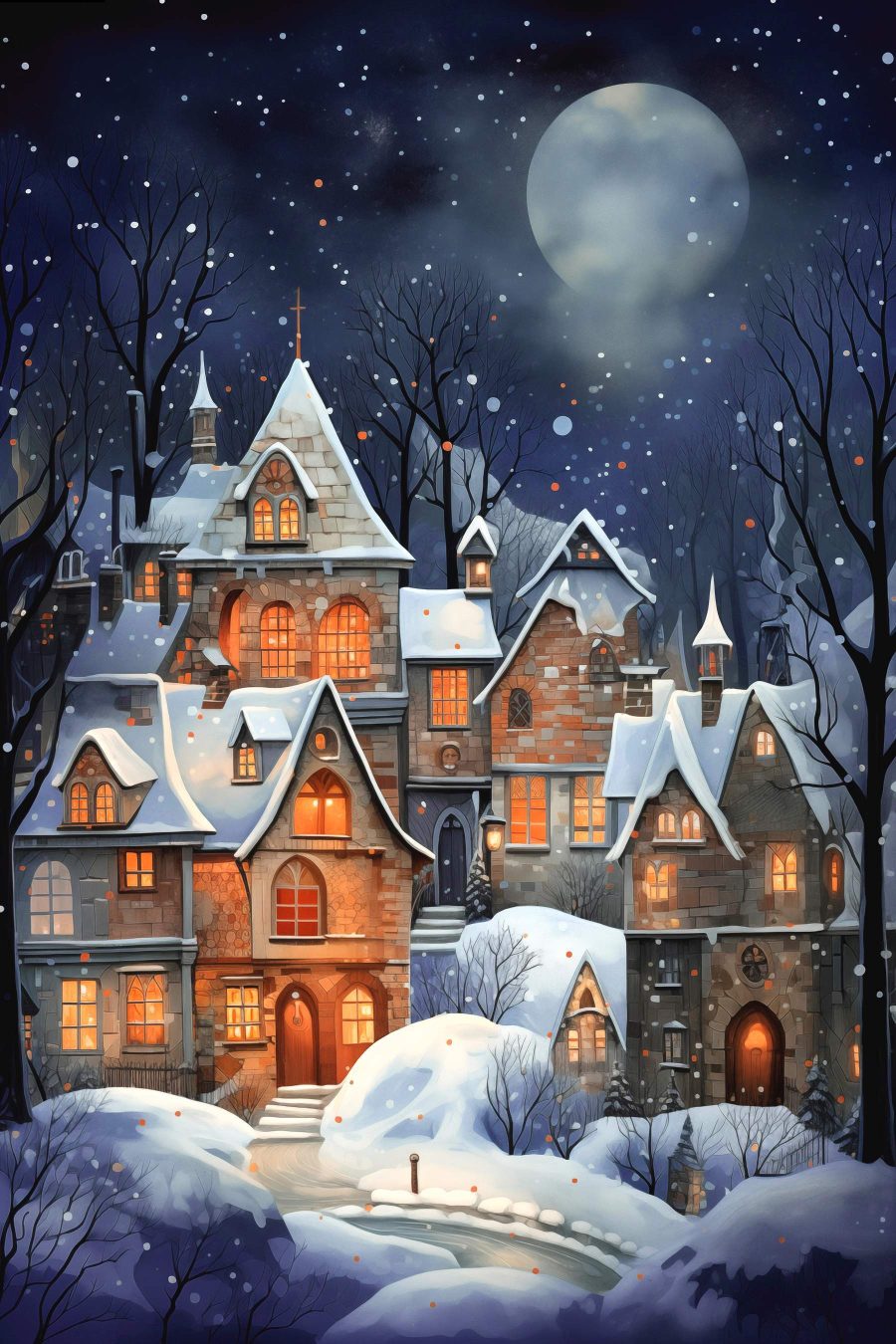 Village sous la lune — motif complet