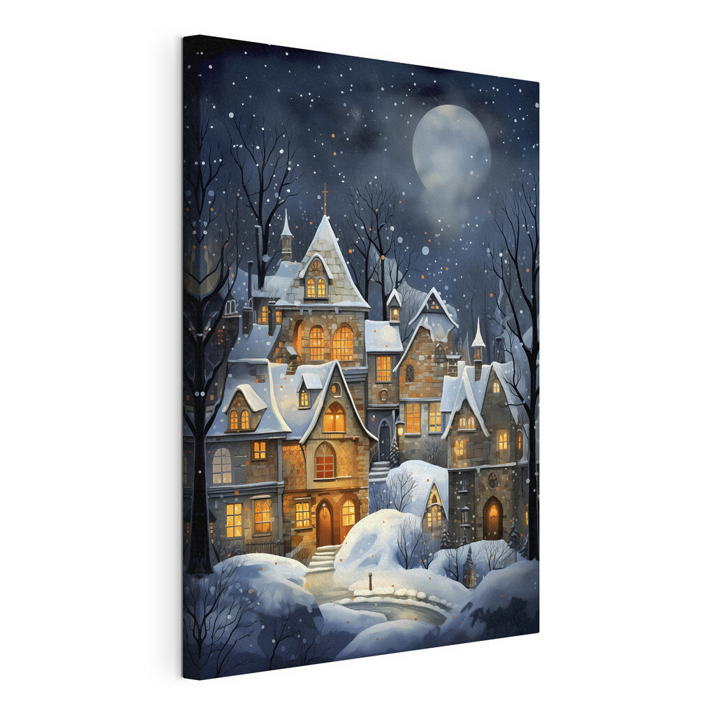 Village sous la lune, toile tendue et bord enveloppé