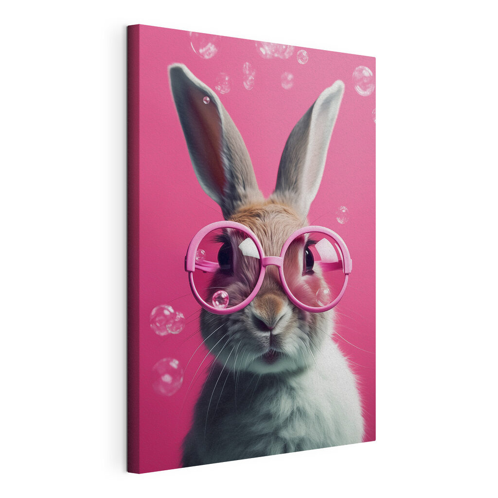 Lapin aux lunettes roses, toile tendue et bord enveloppé