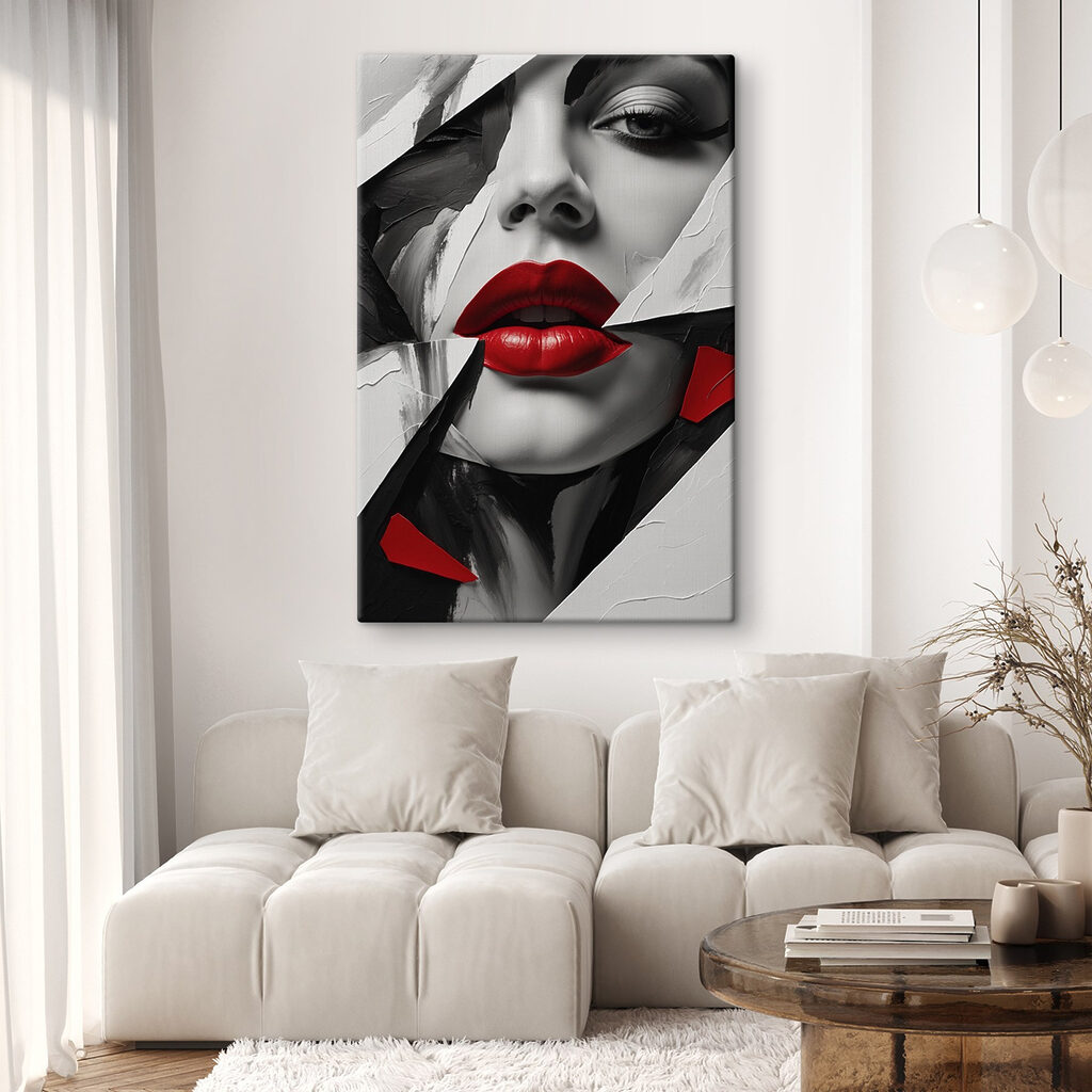 Lèvres rouges et fragments dans un intérieur