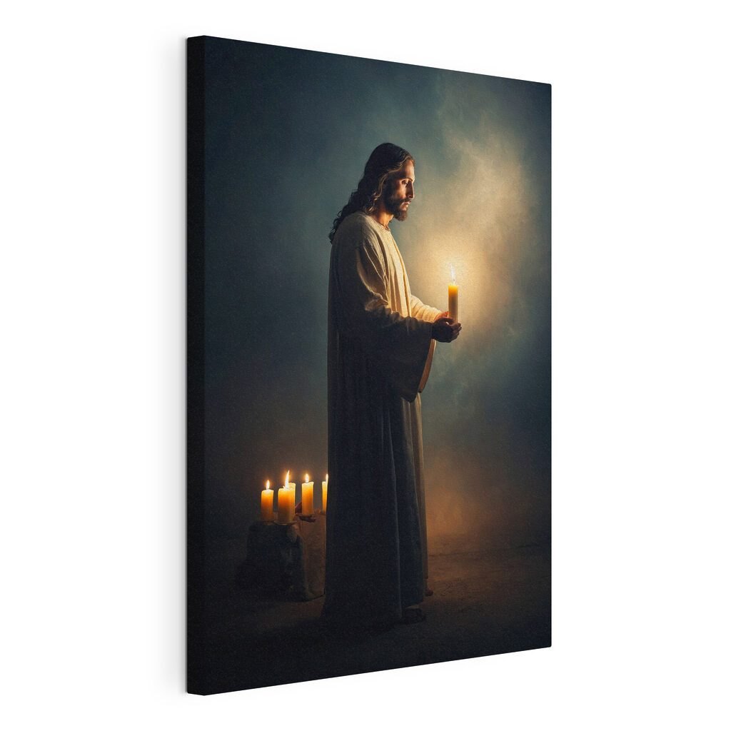 Jésus à la bougie, toile tendue et bord enveloppé