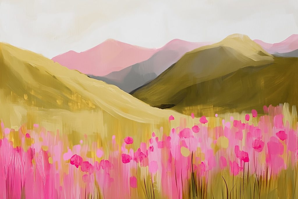 Fleurs roses et collines — motif complet
