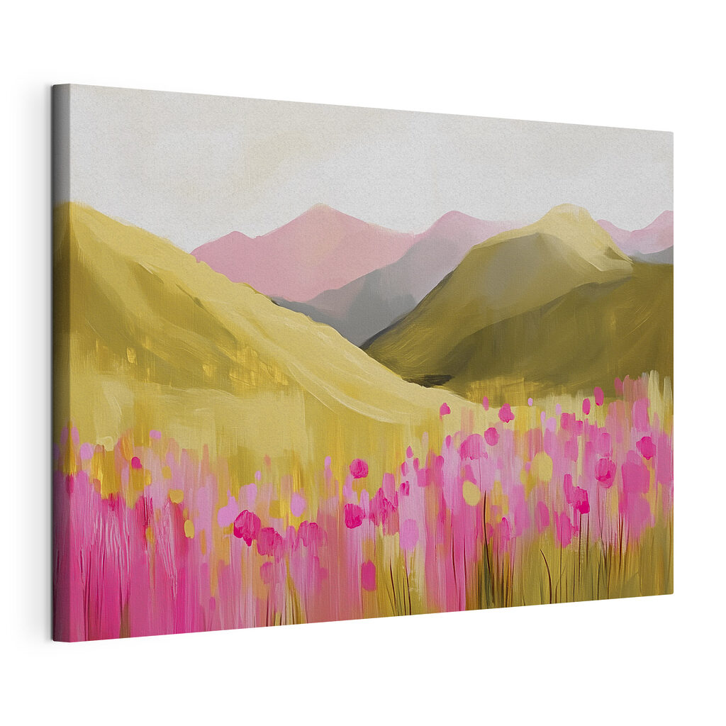 Fleurs roses et collines, toile tendue et bord enveloppé