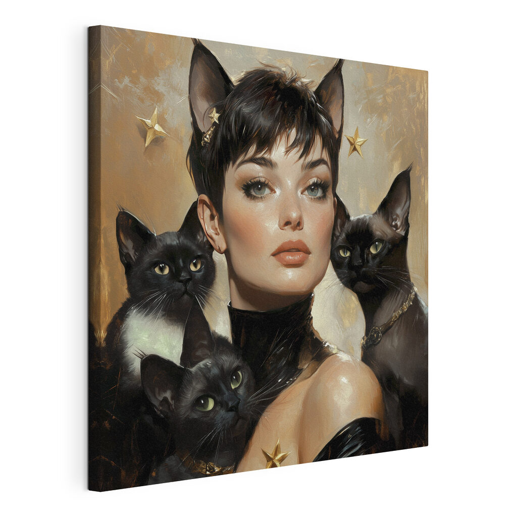 Portrait aux chats noirs, toile tendue et bord enveloppé