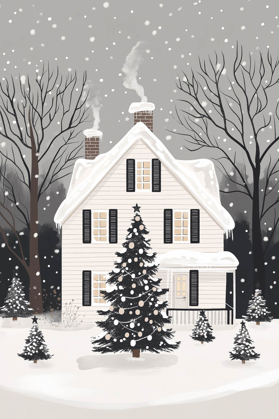 Maison d’hiver monochrome — motif complet
