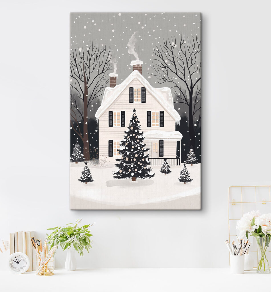 Maison d’hiver monochrome — intérieur 1