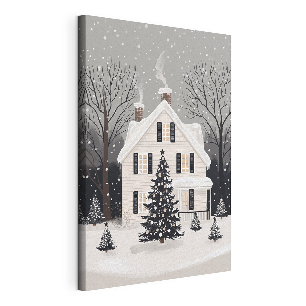 Maison d’hiver monochrome, toile tendue et bord enveloppé