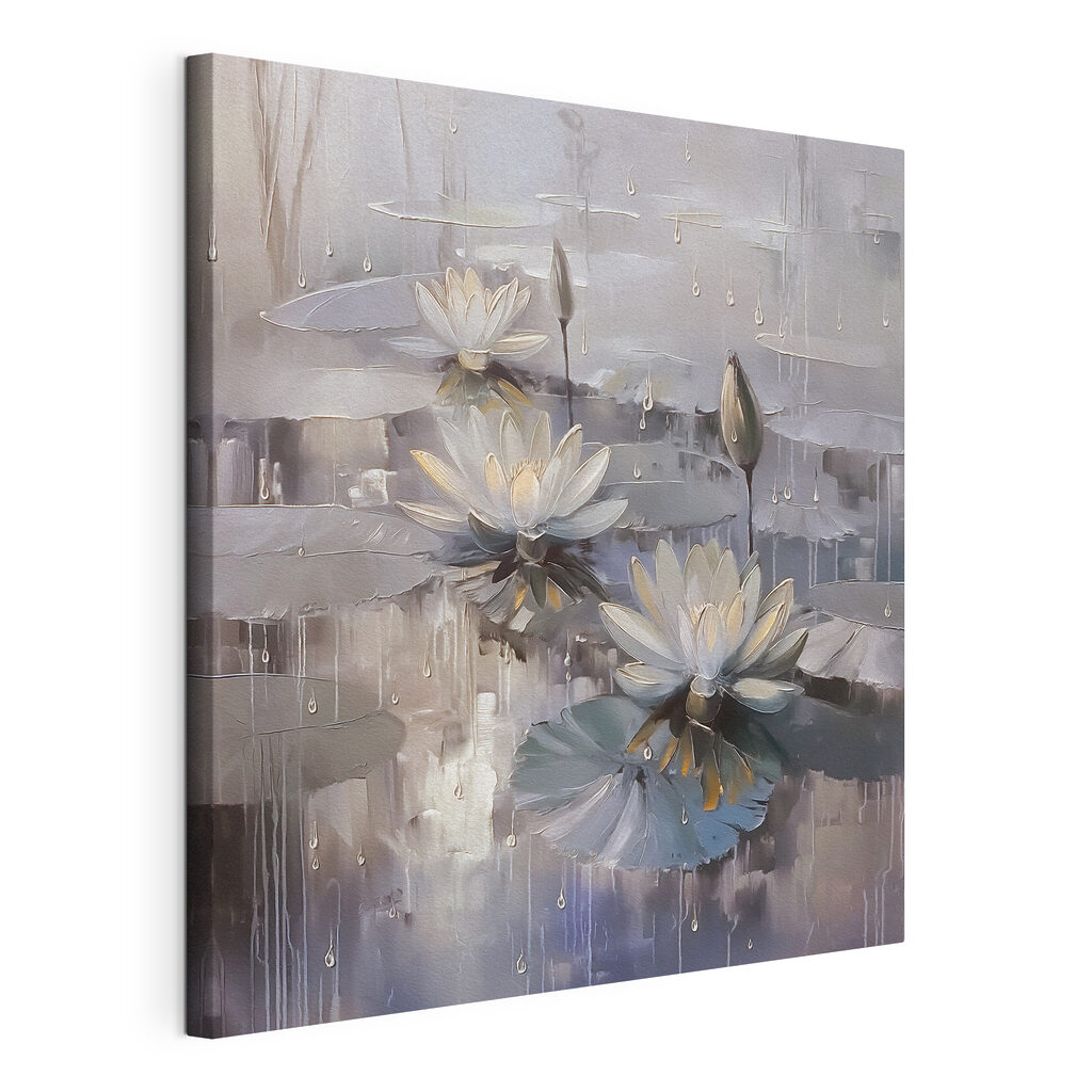 Nénuphars blancs, reflets gris, toile tendue et bord enveloppé