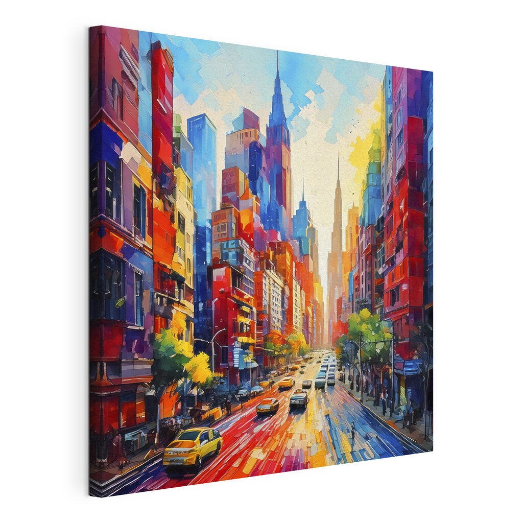 Rue haute en couleur, toile tendue et bord enveloppé