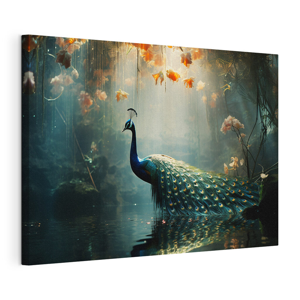 Paon et fleurs lumineuses, toile tendue et bord enveloppé