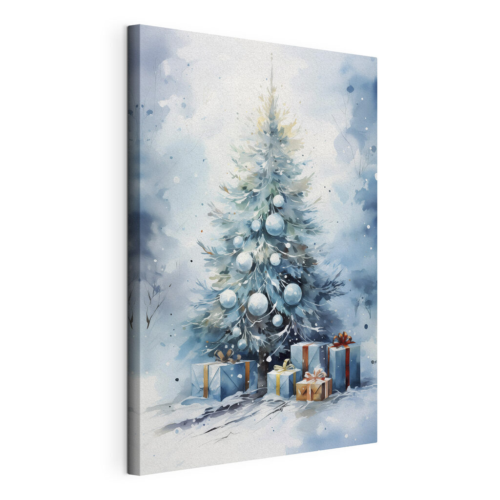 Sapin à l’aquarelle bleue, toile tendue et bord enveloppé