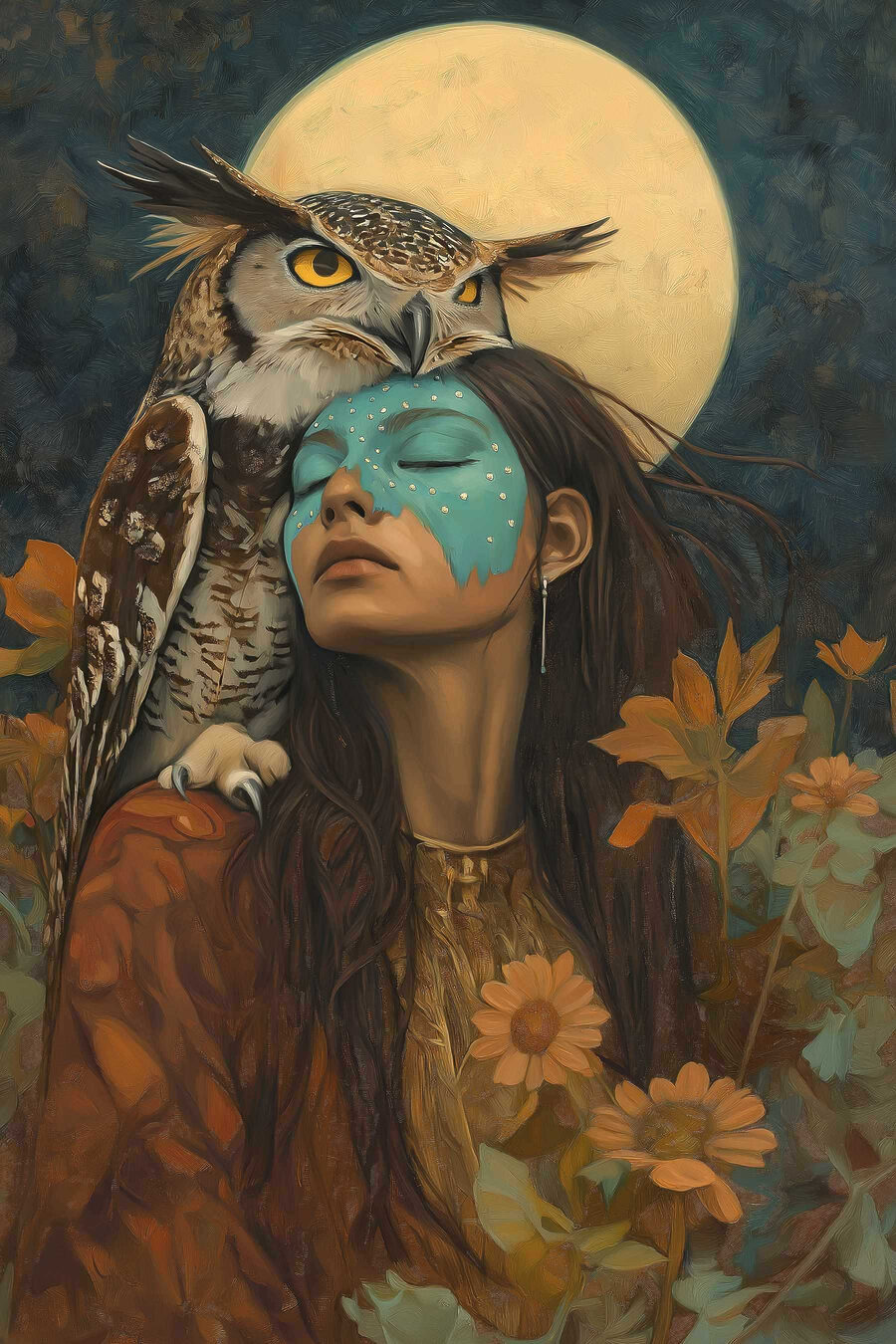 Chouette et lune jaune — motif complet