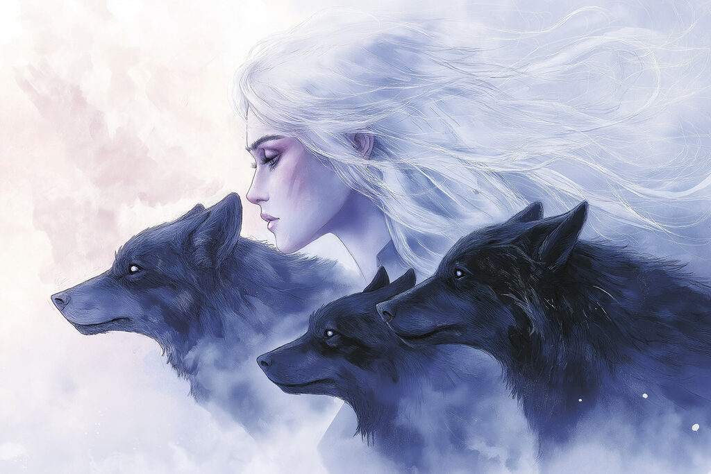 Profil et loups bleus — motif complet