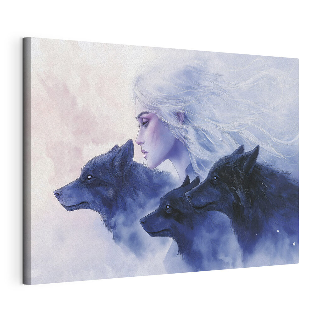Profil et loups bleus, toile tendue et bord enveloppé