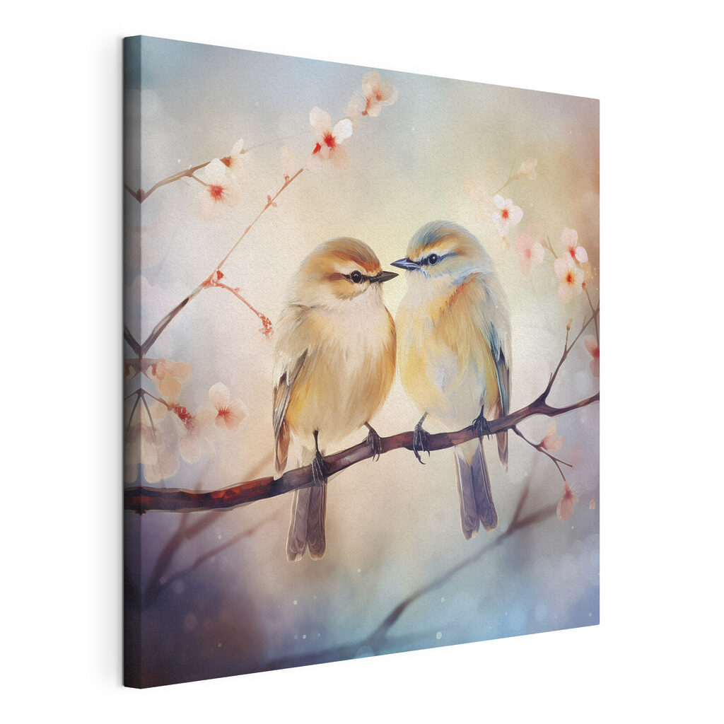 Deux oiseaux blottis, toile tendue et bord enveloppé