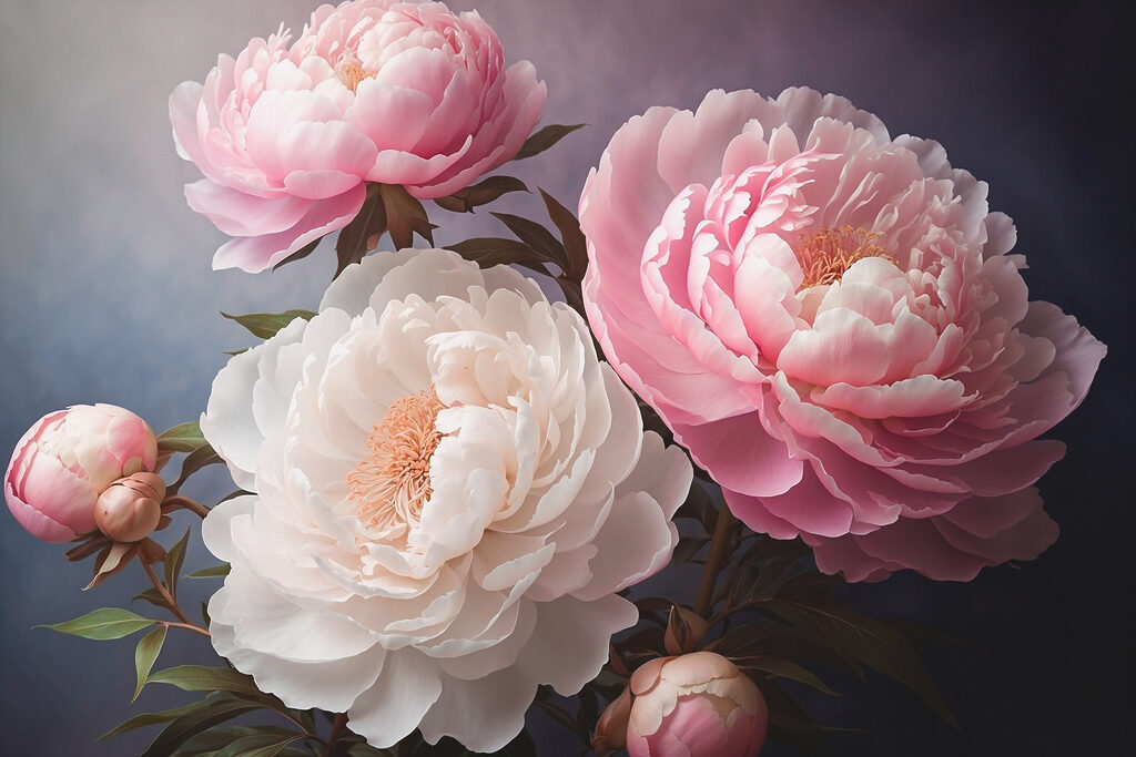 Trois pivoines au crépuscule — motif complet