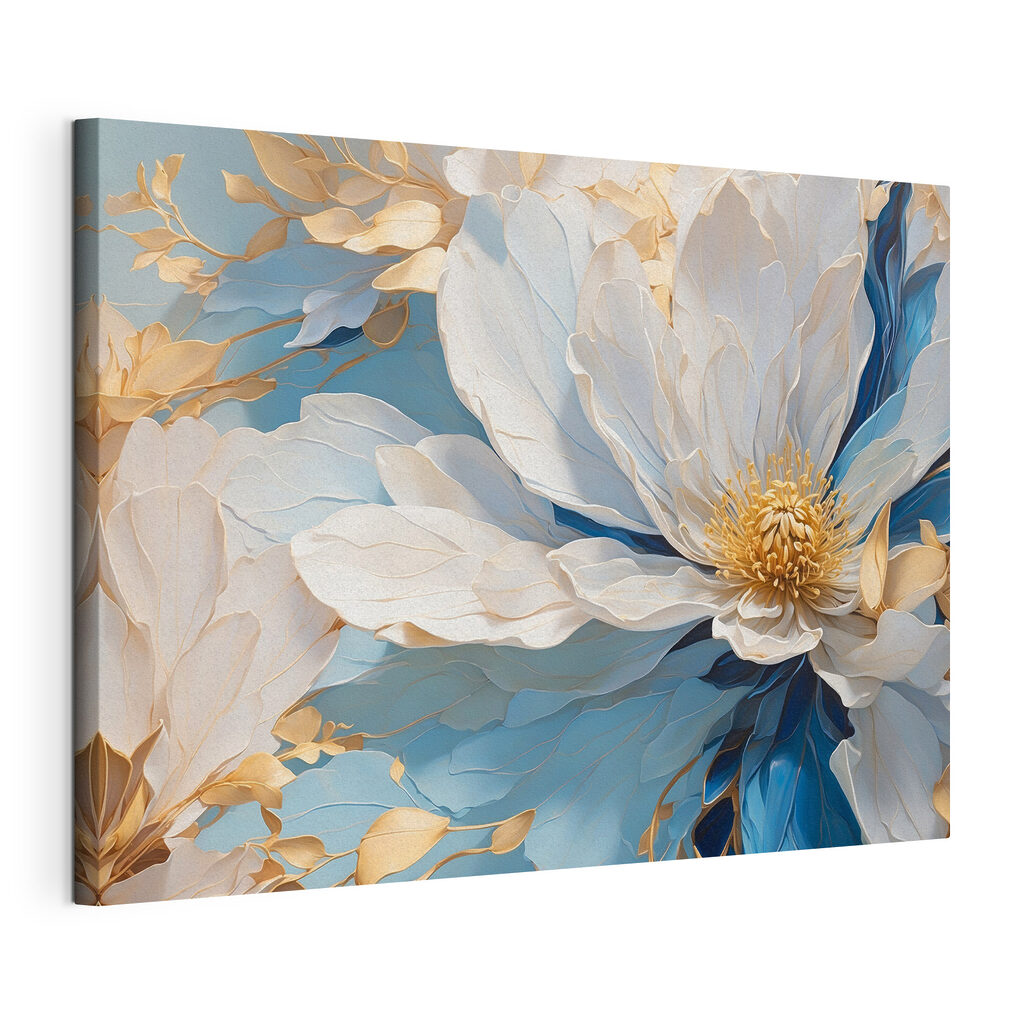 Fleur aux plis bleus, toile tendue et bord enveloppé