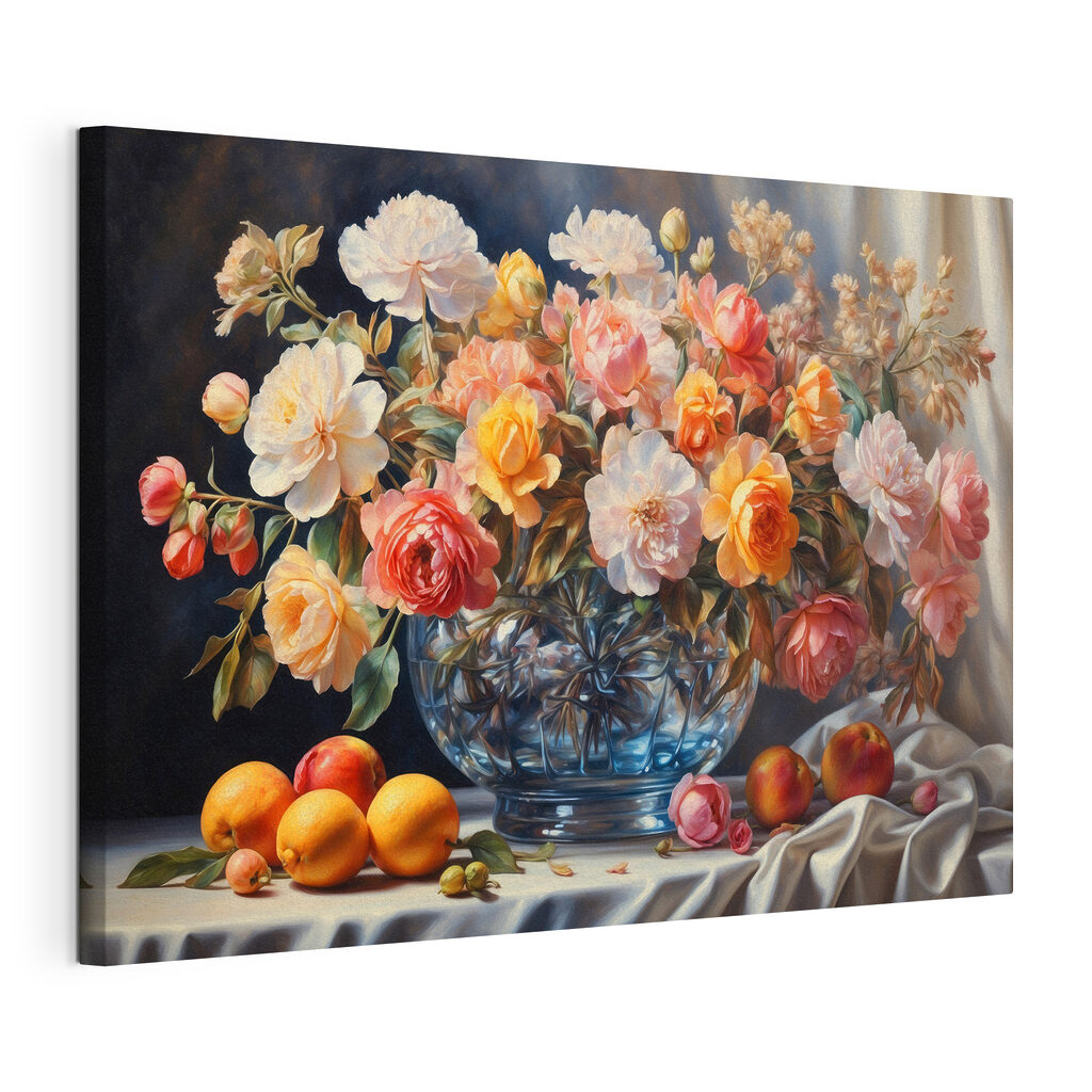 Bouquet et fruits orange, toile tendue et bord enveloppé