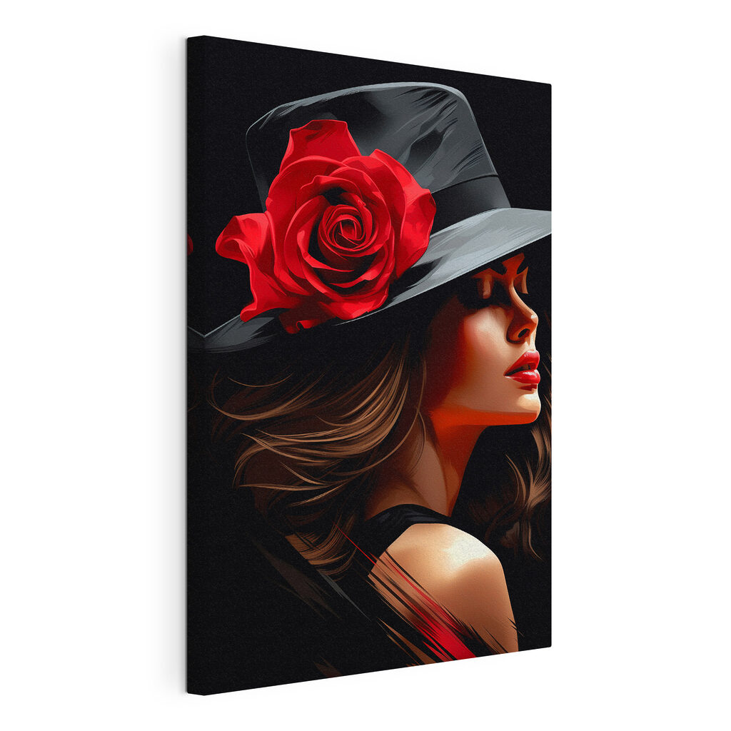 Rose sur chapeau noir, toile tendue et bord enveloppé