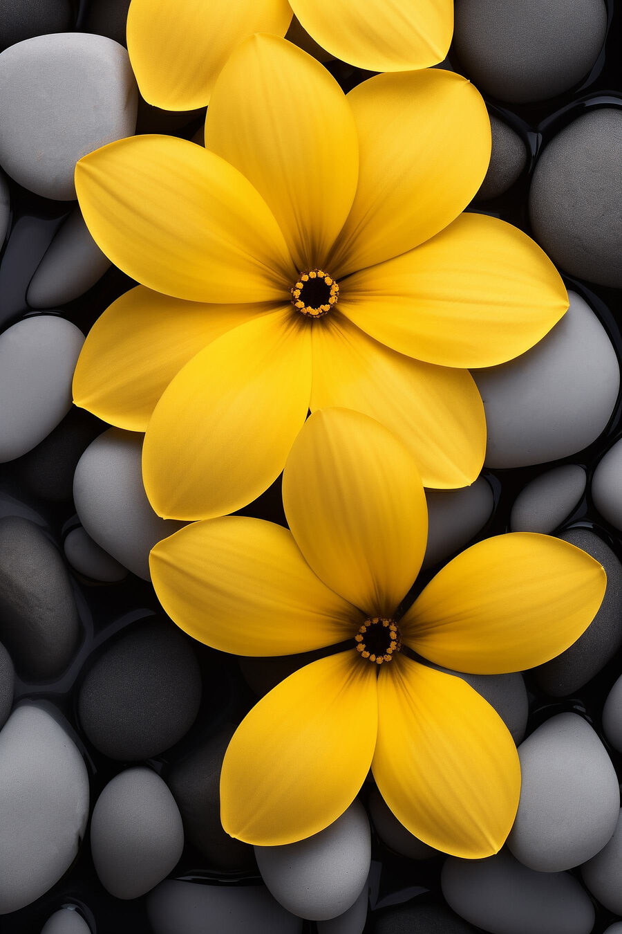 Fleurs jaunes et galets — motif complet