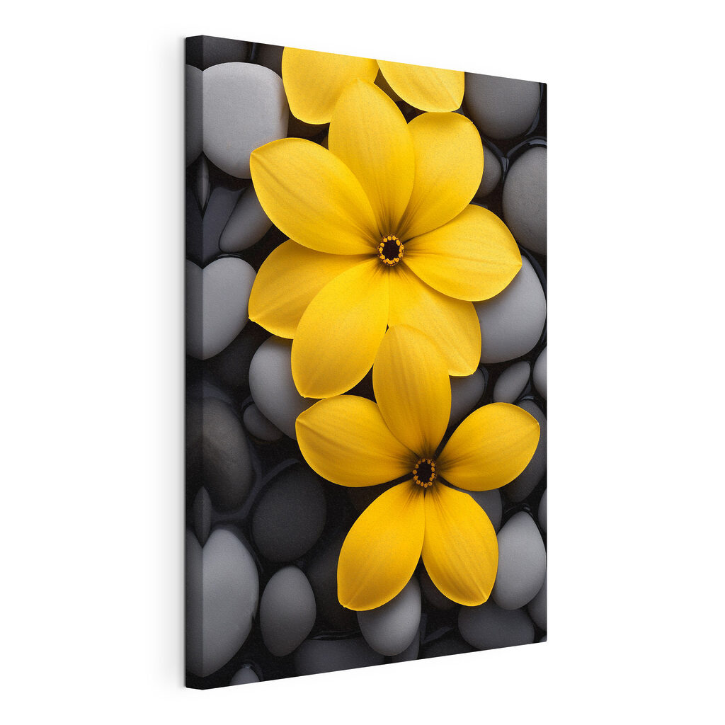 Fleurs jaunes et galets, toile tendue et bord enveloppé