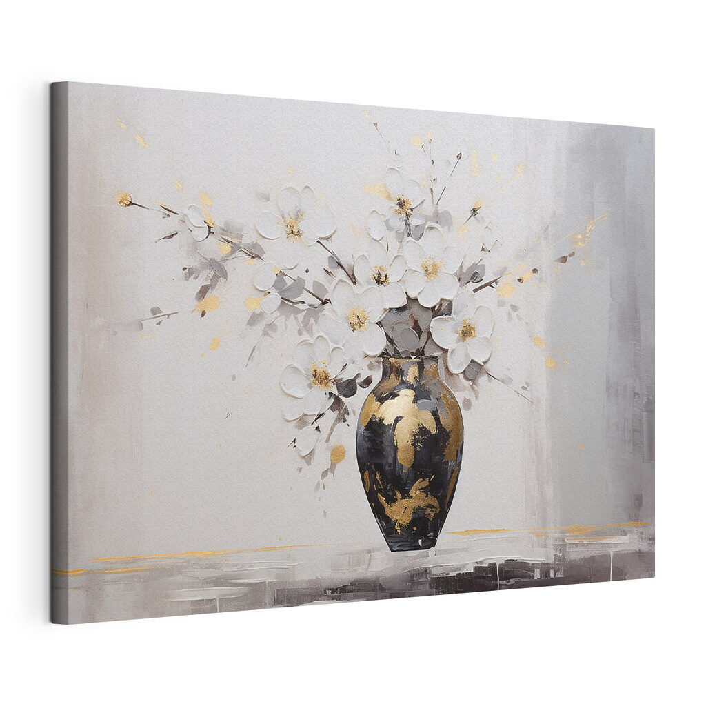Bouquet au vase noir, toile tendue et bord enveloppé