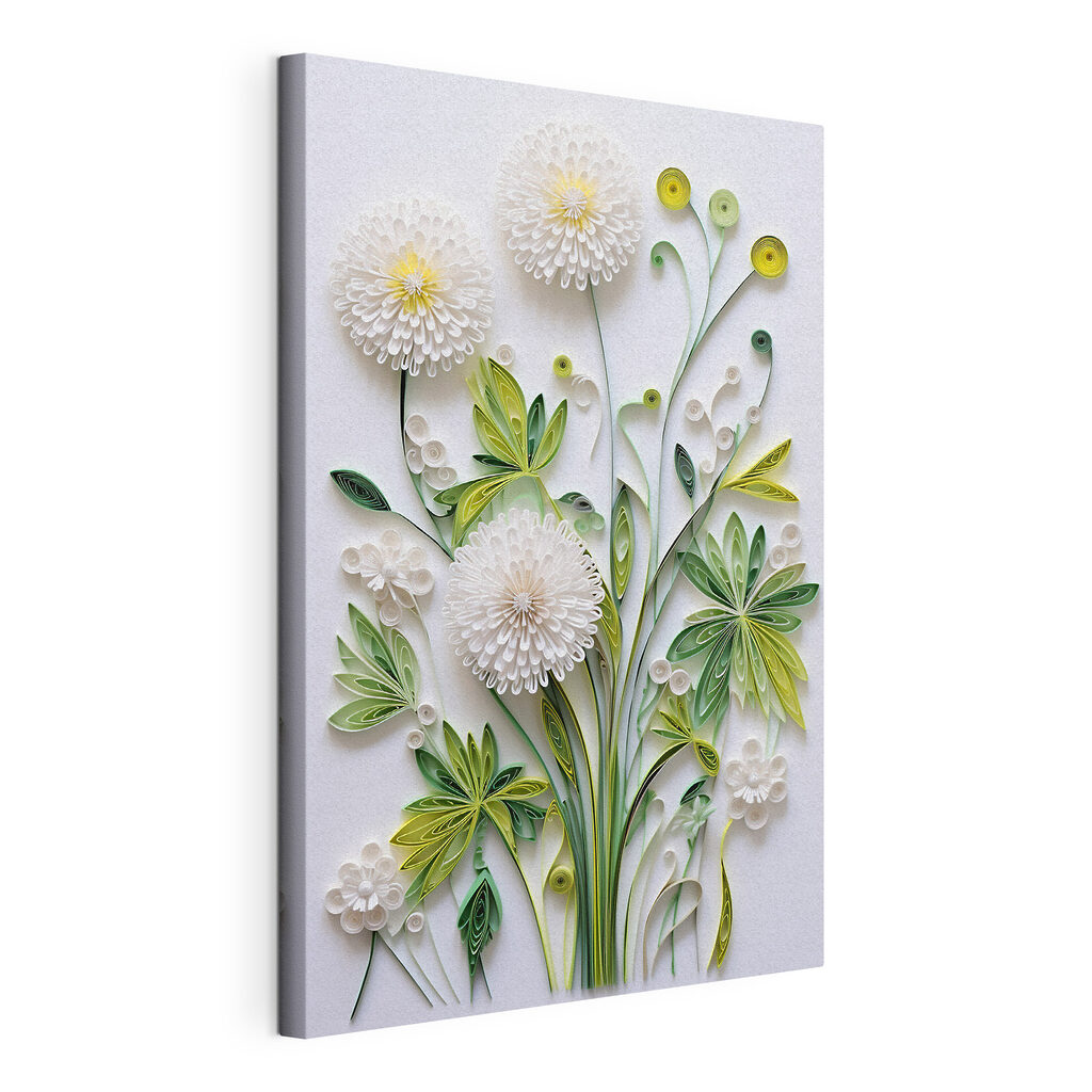 Fleurs blanches duveteuses, toile tendue et bord enveloppé