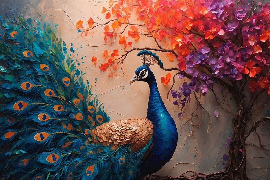 Paon aux fleurs d’automne — motif complet