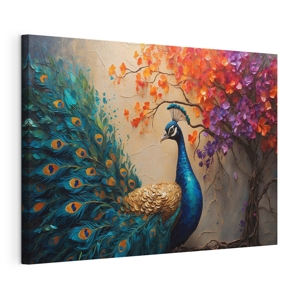 Paon aux fleurs d’automne, toile tendue et bord enveloppé
