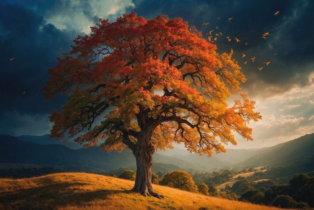 Arbre d’automne, ciel sombre — motif complet