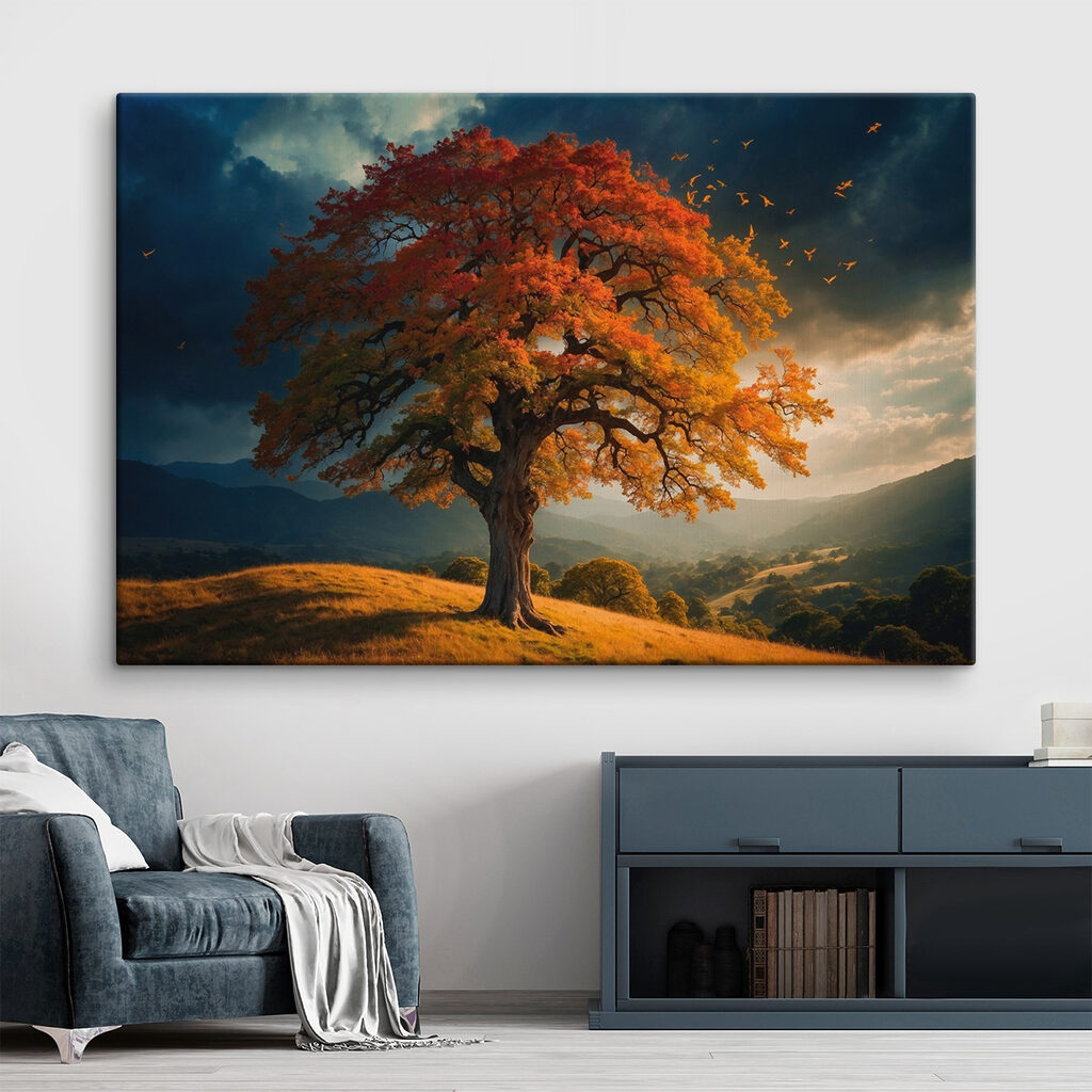 Arbre d’automne, ciel sombre — intérieur 1