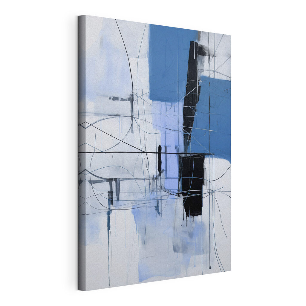 Aplats bleus, lignes noires, toile tendue et bord enveloppé