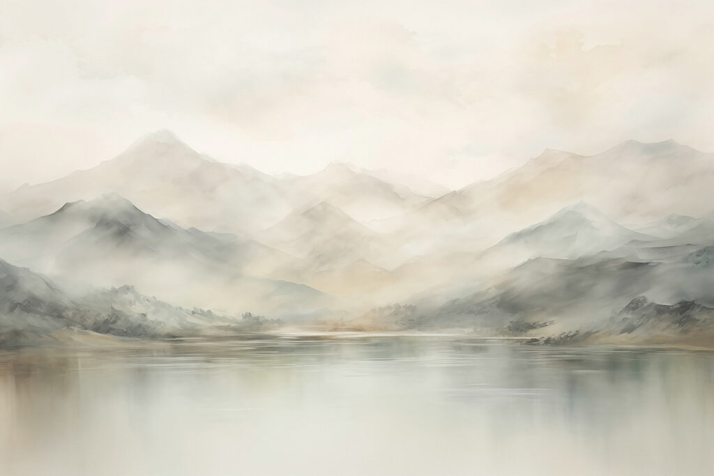 Montagnes brumeuses en reflet — motif complet