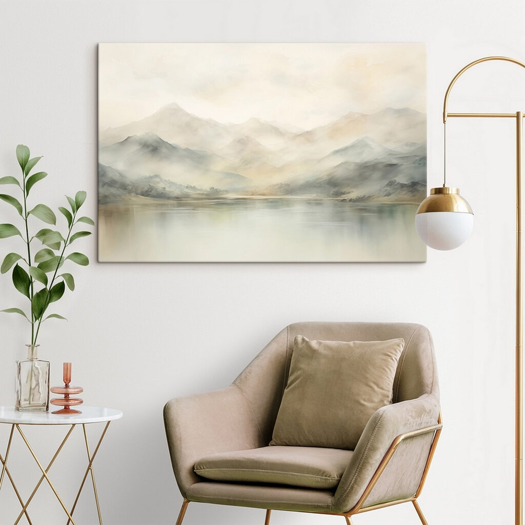 Montagnes brumeuses en reflet dans un intérieur