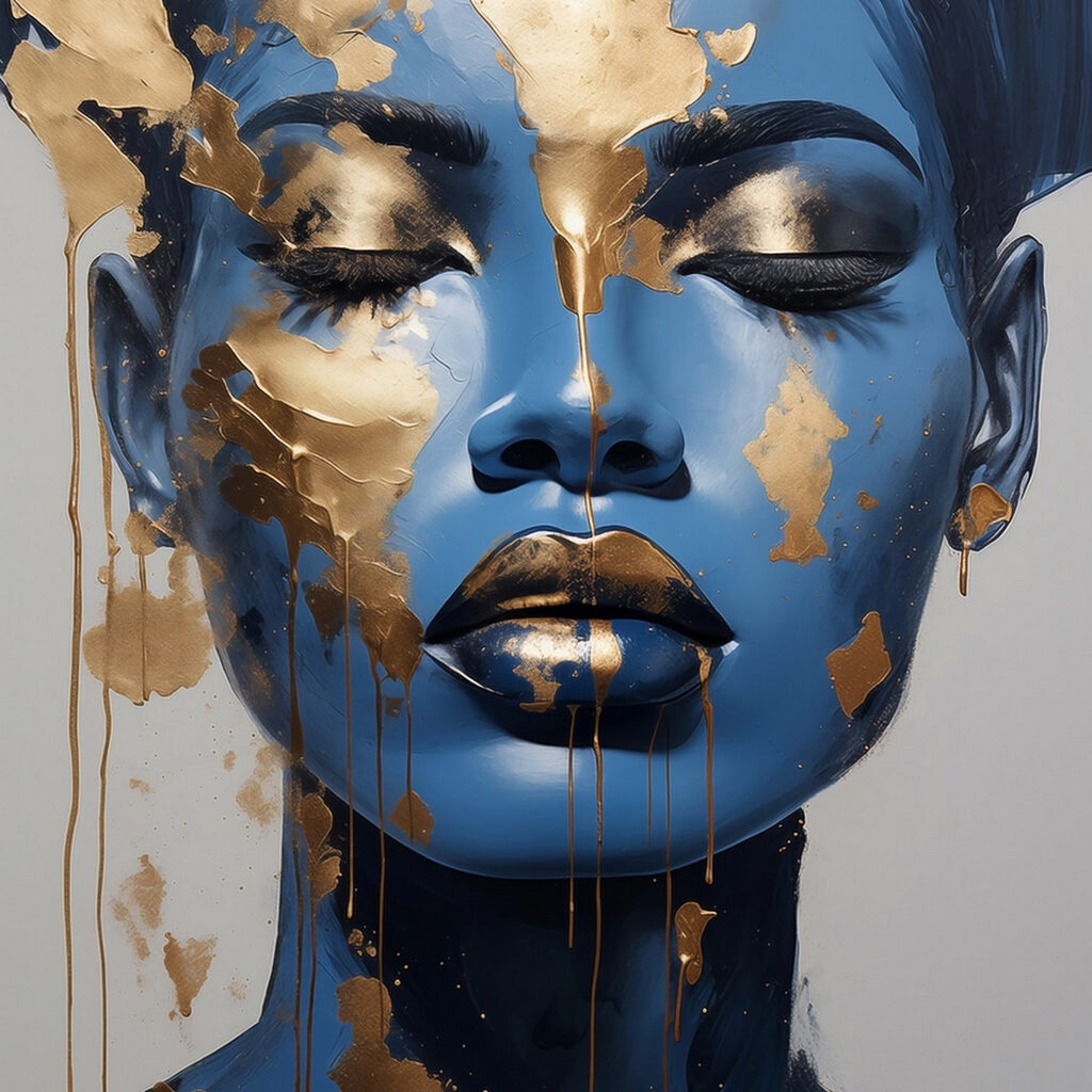 Portrait bleu, éclats d’or — motif complet